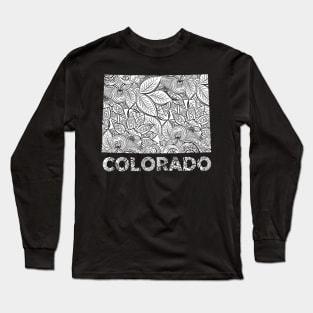 Mandala art map of Colorado with text in white Long Sleeve T-Shirt